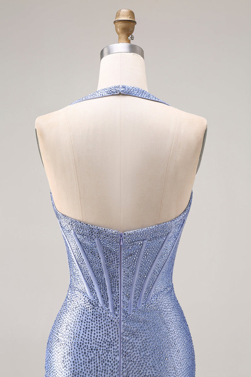 Laden Sie das Bild in den Galerie-Viewer, Hellblaues Meerjungfrauen Neckholder Korsett Langes Ballkleid mit Schlitz