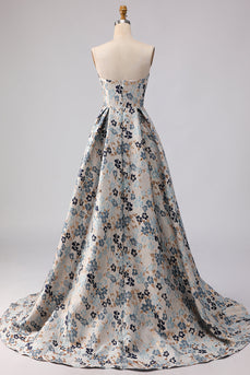 Blaues Blumen Trägerloses Langes Ballkleid mit Druck und Schlitz