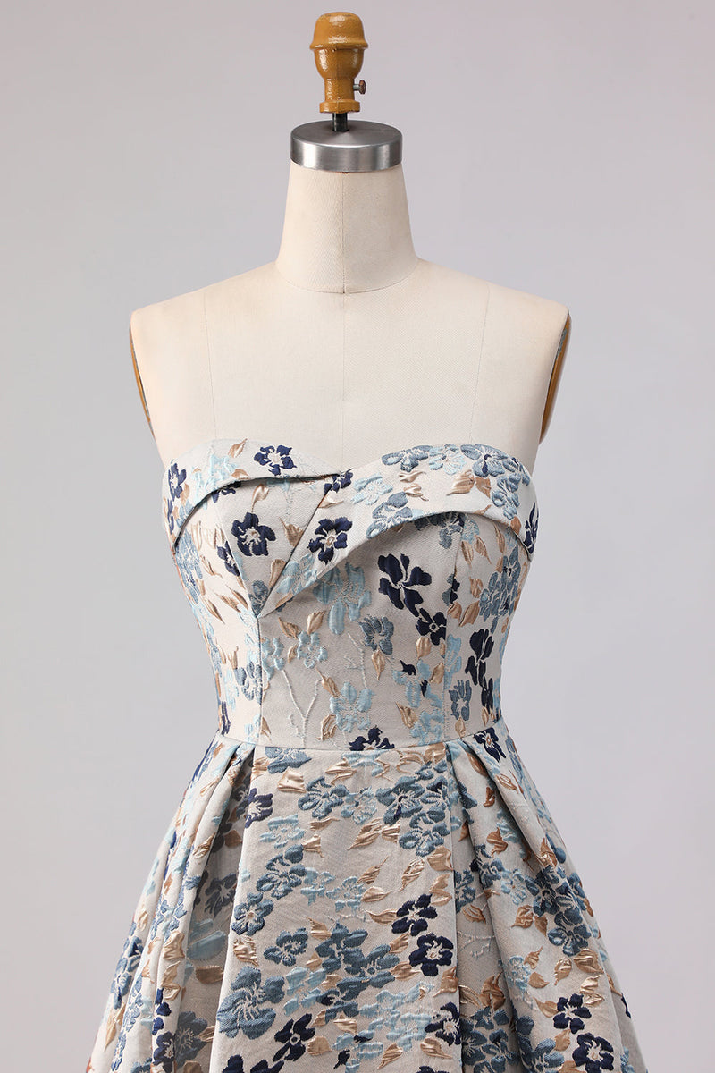 Laden Sie das Bild in den Galerie-Viewer, Blaues Blumen Trägerloses Langes Ballkleid mit Druck und Schlitz