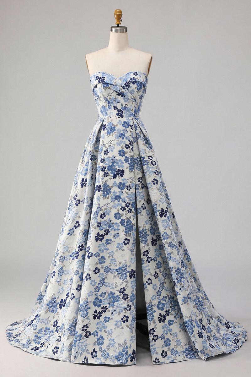 Laden Sie das Bild in den Galerie-Viewer, Blaues Blumen Trägerloses Langes Ballkleid mit Druck und Schlitz