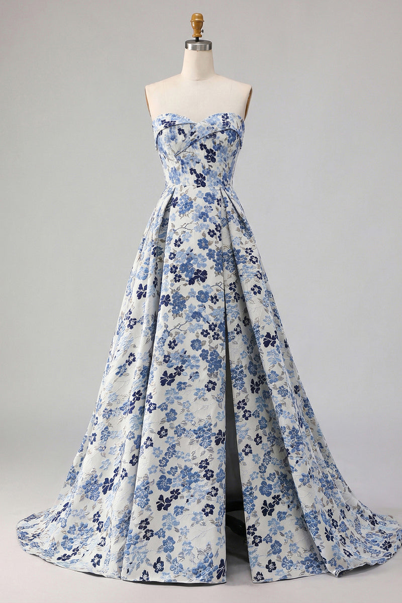 Laden Sie das Bild in den Galerie-Viewer, Blaues Blumen Trägerloses Langes Ballkleid mit Druck und Schlitz