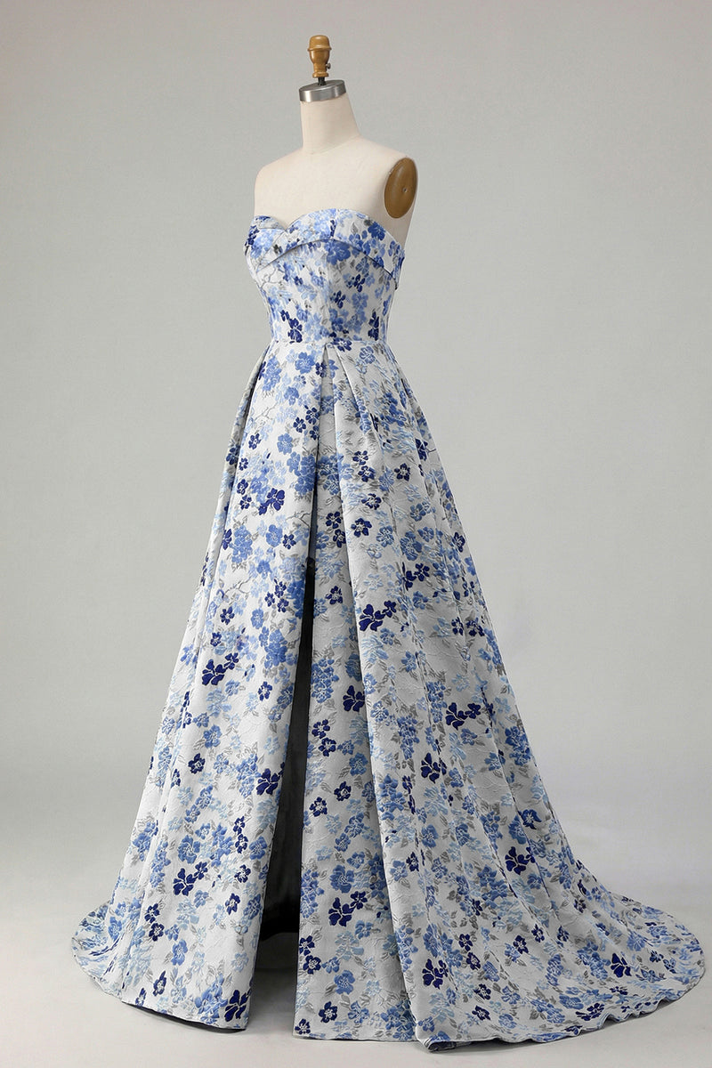 Laden Sie das Bild in den Galerie-Viewer, Blaues Blumen Trägerloses Langes Ballkleid mit Druck und Schlitz
