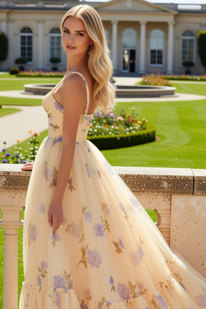 Laden Sie das Bild in den Galerie-Viewer, Gelbes Blumen A-Linie Rüschen Langes Ballkleid