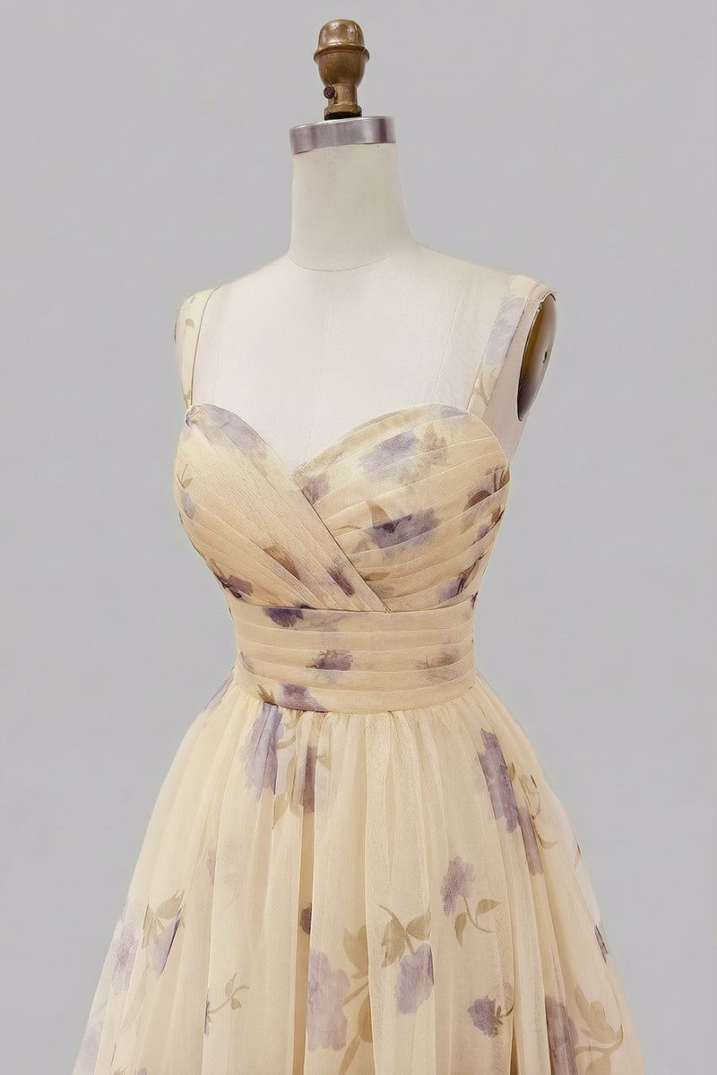 Laden Sie das Bild in den Galerie-Viewer, Gelbes Blumen A-Linie Rüschen Langes Ballkleid