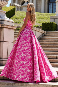 Fuchsia Trägerloses Langes A-Linie Ballkleid mit Schleife
