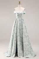 Laden Sie das Bild in den Galerie-Viewer, Schulterfreies Blau-weißes Blumen Bedrucktes Satin Langes Ballkleid mit Schlitz