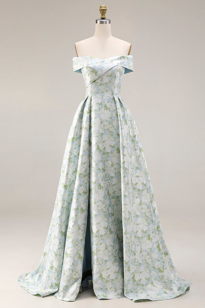 Laden Sie das Bild in den Galerie-Viewer, Schulterfreies Blau-weißes Blumen Bedrucktes Satin Langes Ballkleid mit Schlitz