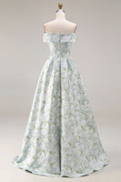 Laden Sie das Bild in den Galerie-Viewer, Schulterfreies Blau-weißes Blumen Bedrucktes Satin Langes Ballkleid mit Schlitz