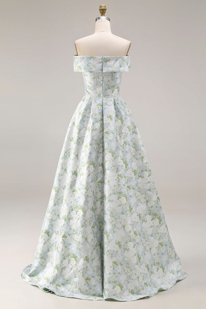 Laden Sie das Bild in den Galerie-Viewer, Schulterfreies Blau-weißes Blumen Bedrucktes Satin Langes Ballkleid mit Schlitz