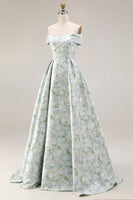 Laden Sie das Bild in den Galerie-Viewer, Schulterfreies Blau-weißes Blumen Bedrucktes Satin Langes Ballkleid mit Schlitz