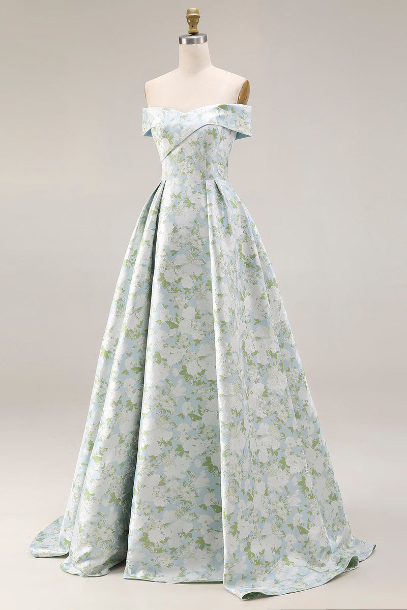 Laden Sie das Bild in den Galerie-Viewer, Schulterfreies Blau-weißes Blumen Bedrucktes Satin Langes Ballkleid mit Schlitz