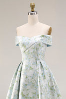 Laden Sie das Bild in den Galerie-Viewer, Schulterfreies Blau-weißes Blumen Bedrucktes Satin Langes Ballkleid mit Schlitz
