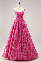 Laden Sie das Bild in den Galerie-Viewer, Fuchsia Blumen Trägerloses Jacquard Korsett A-Linie Langes Ballkleid