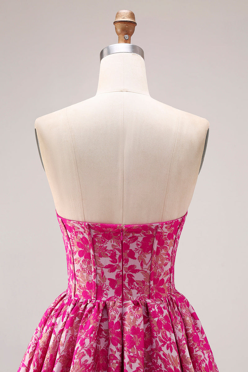 Laden Sie das Bild in den Galerie-Viewer, Fuchsia Blumen Trägerloses Jacquard Korsett A-Linie Langes Ballkleid
