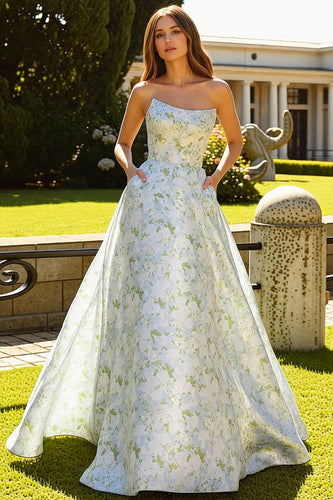 Trägerloses A-Linie Blaues Weiß Blumiges Langes Ballkleid