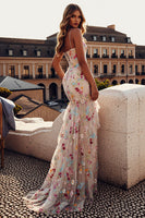 Laden Sie das Bild in den Galerie-Viewer, Elfenbein Blumen Meerjungfrauen Korsett Rüschen Langes Ballkleid mit Schlitz