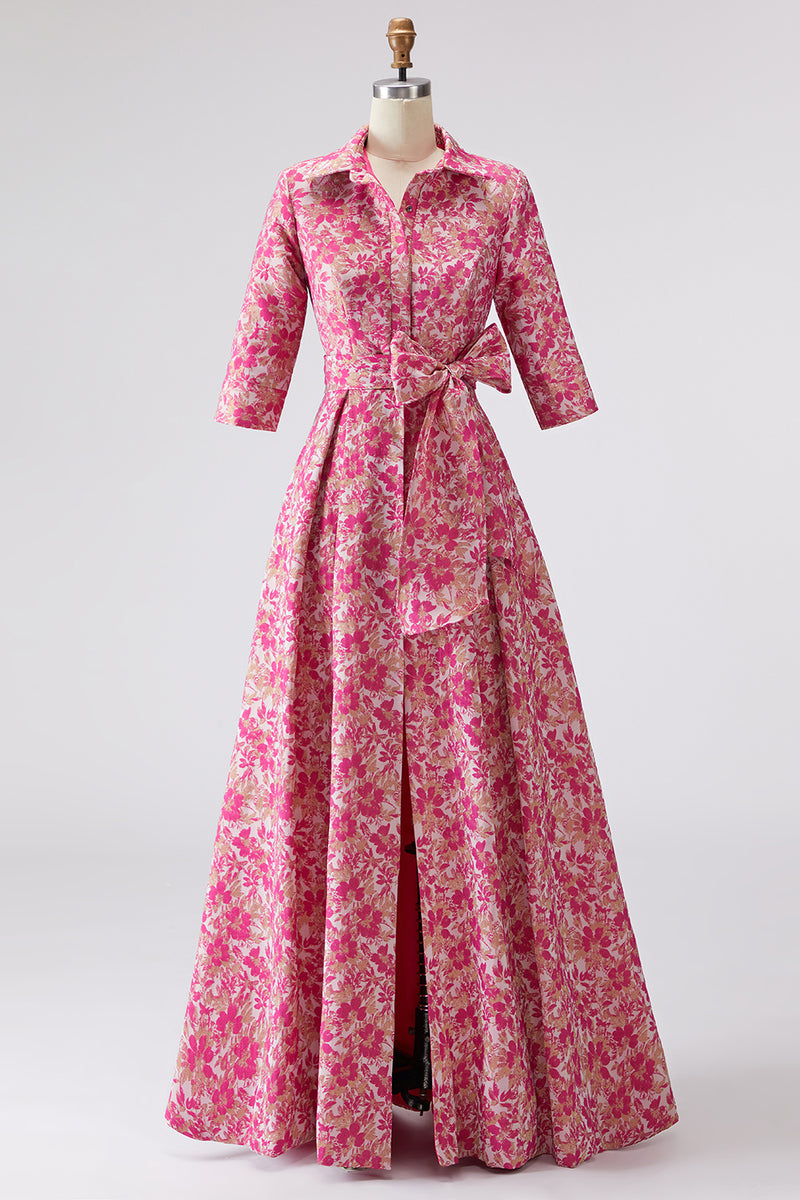 Laden Sie das Bild in den Galerie-Viewer, Fuchsia Blume A Linie Hemdkragen Langes Brautmutterkleid mit Taillenkrawatte
