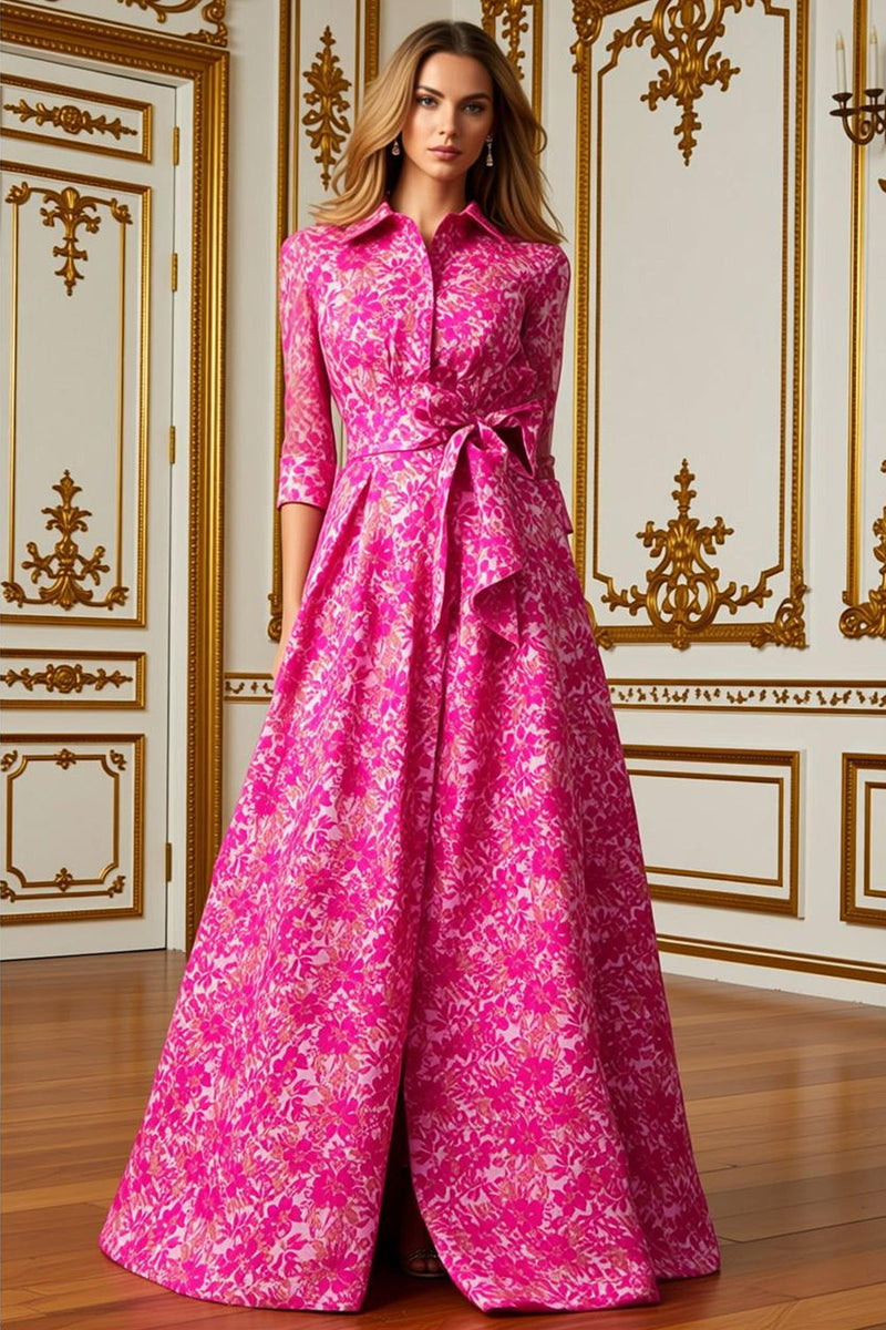 Laden Sie das Bild in den Galerie-Viewer, Fuchsia Blume A Linie Hemdkragen Langes Brautmutterkleid mit Taillenkrawatte