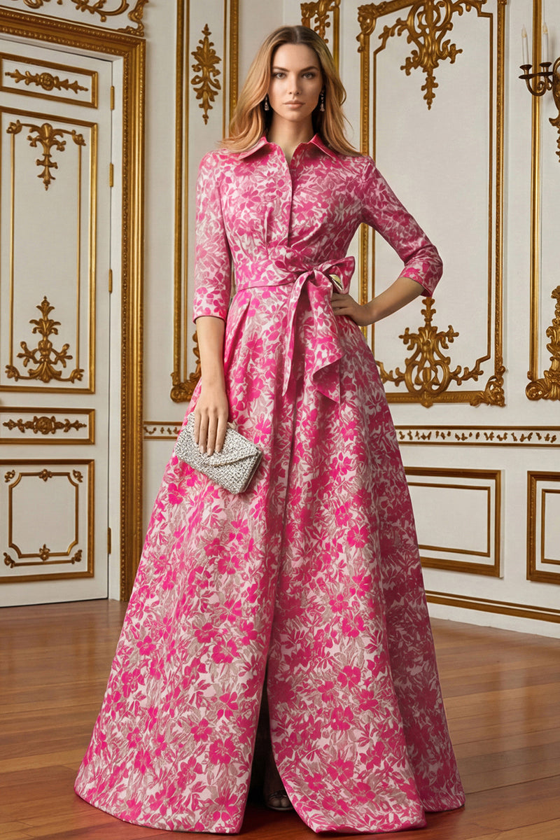 Laden Sie das Bild in den Galerie-Viewer, Fuchsia Blume A Linie Hemdkragen Langes Brautmutterkleid mit Taillenkrawatte
