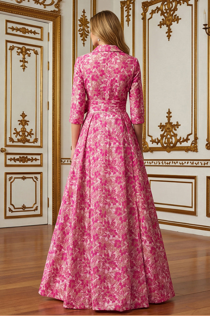 Laden Sie das Bild in den Galerie-Viewer, Fuchsia Blume A Linie Hemdkragen Langes Brautmutterkleid mit Taillenkrawatte