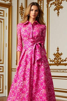 Fuchsia Blume A Linie Hemdkragen Langes Brautmutterkleid mit Taillenkrawatte