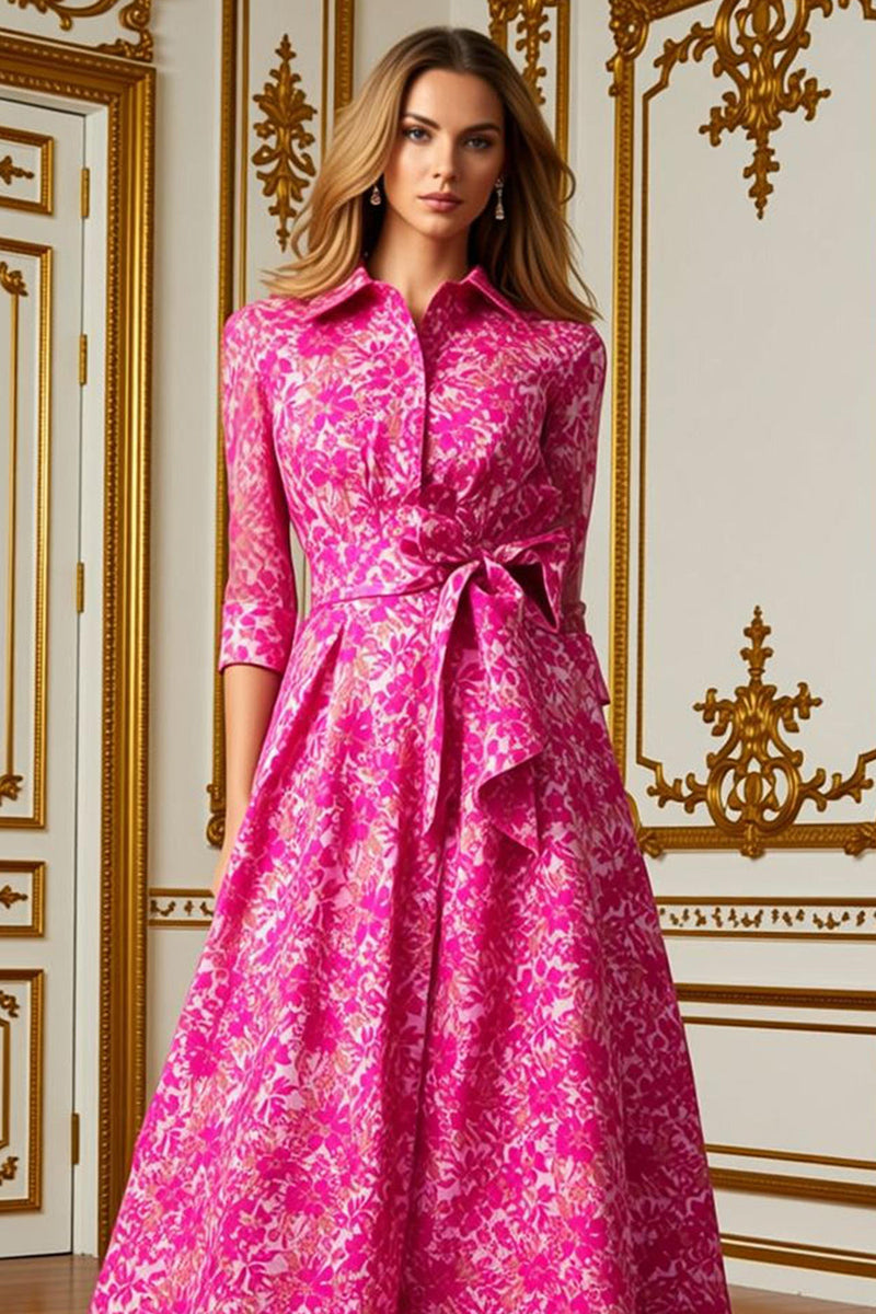 Laden Sie das Bild in den Galerie-Viewer, Fuchsia Blume A Linie Hemdkragen Langes Brautmutterkleid mit Taillenkrawatte