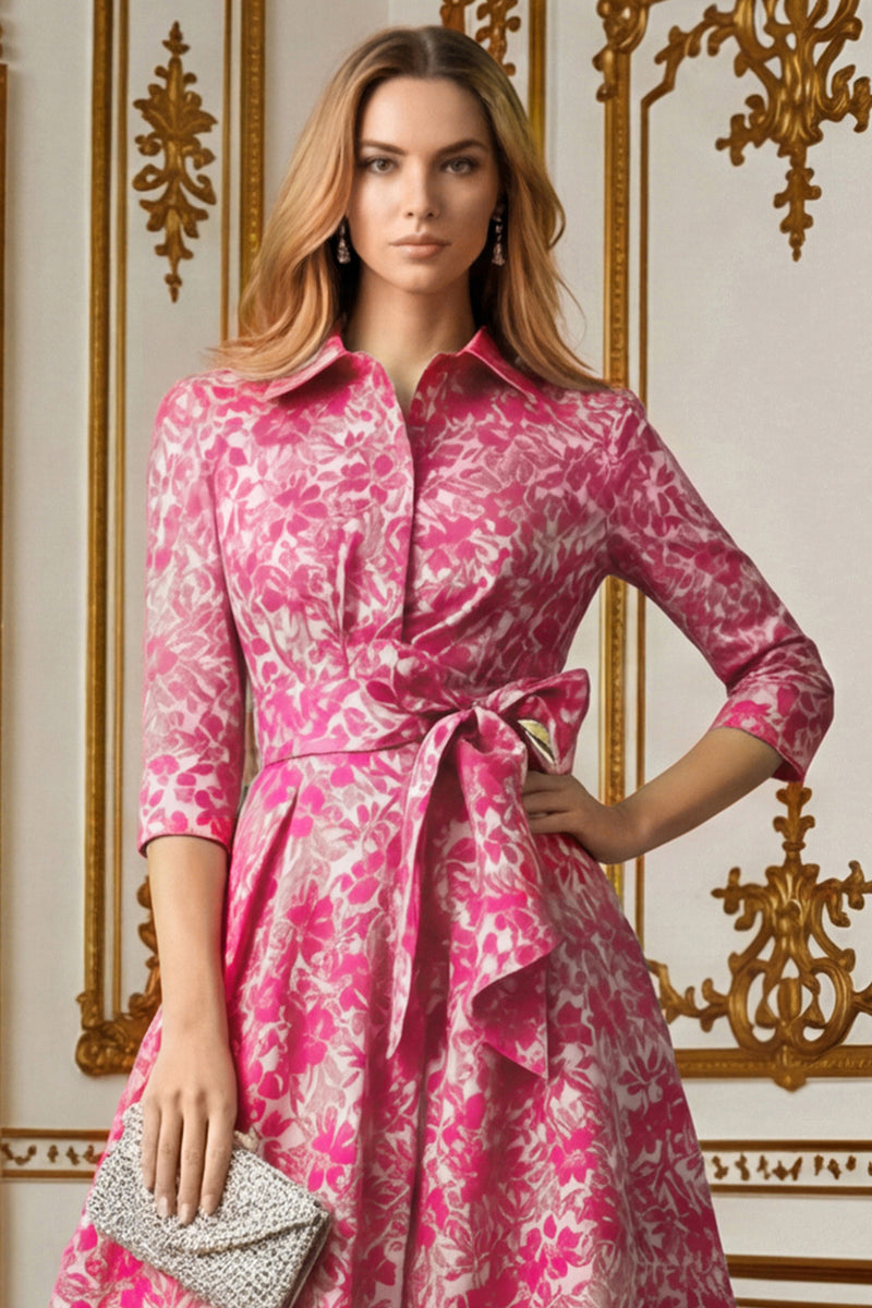 Laden Sie das Bild in den Galerie-Viewer, Fuchsia Blume A Linie Hemdkragen Langes Brautmutterkleid mit Taillenkrawatte