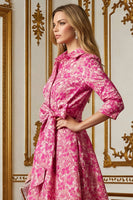 Laden Sie das Bild in den Galerie-Viewer, Fuchsia Blume A Linie Hemdkragen Langes Brautmutterkleid mit Taillenkrawatte