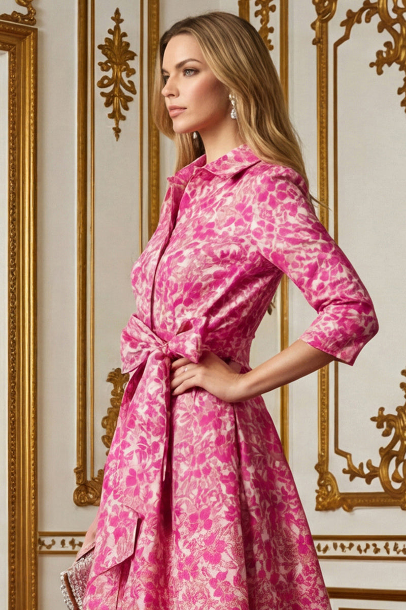 Laden Sie das Bild in den Galerie-Viewer, Fuchsia Blume A Linie Hemdkragen Langes Brautmutterkleid mit Taillenkrawatte
