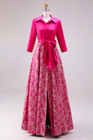 Laden Sie das Bild in den Galerie-Viewer, Fuchsia Satin Brautmutterkleid mit Blumenmuster und Ärmeln
