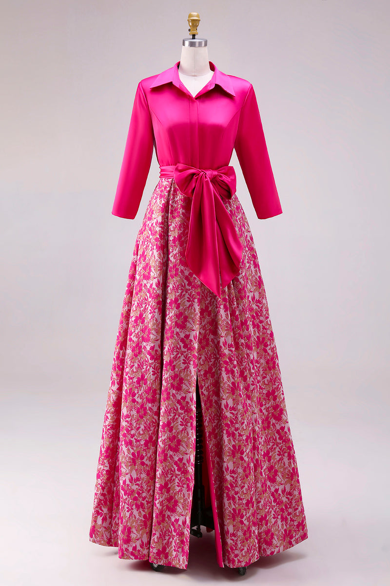 Laden Sie das Bild in den Galerie-Viewer, Fuchsia Satin Brautmutterkleid mit Blumenmuster und Ärmeln