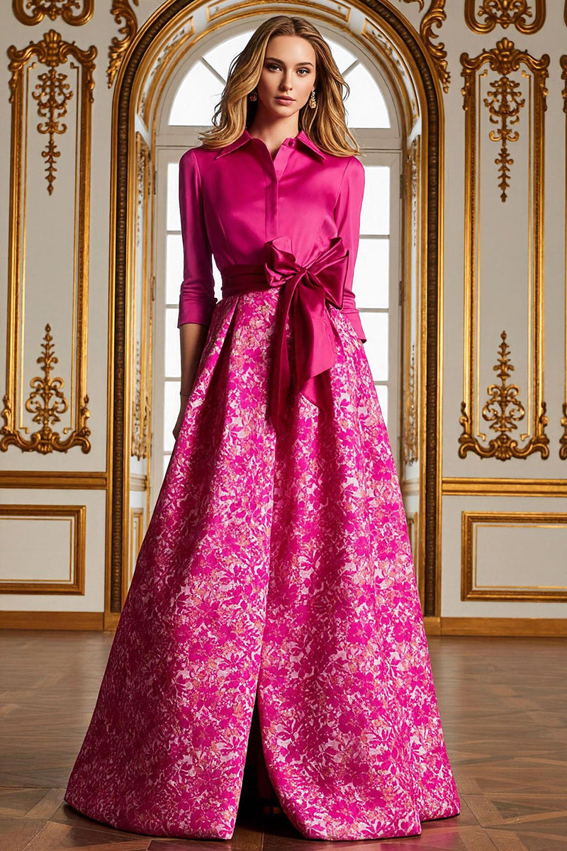Laden Sie das Bild in den Galerie-Viewer, Fuchsia Satin Brautmutterkleid mit Blumenmuster und Ärmeln