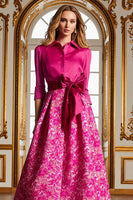 Laden Sie das Bild in den Galerie-Viewer, Fuchsia Satin Brautmutterkleid mit Blumenmuster und Ärmeln