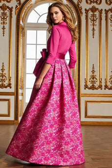 Fuchsia Satin Brautmutterkleid mit Blumenmuster und Ärmeln
