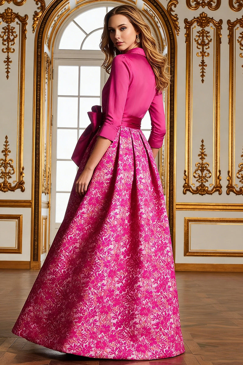 Laden Sie das Bild in den Galerie-Viewer, Fuchsia Satin Brautmutterkleid mit Blumenmuster und Ärmeln