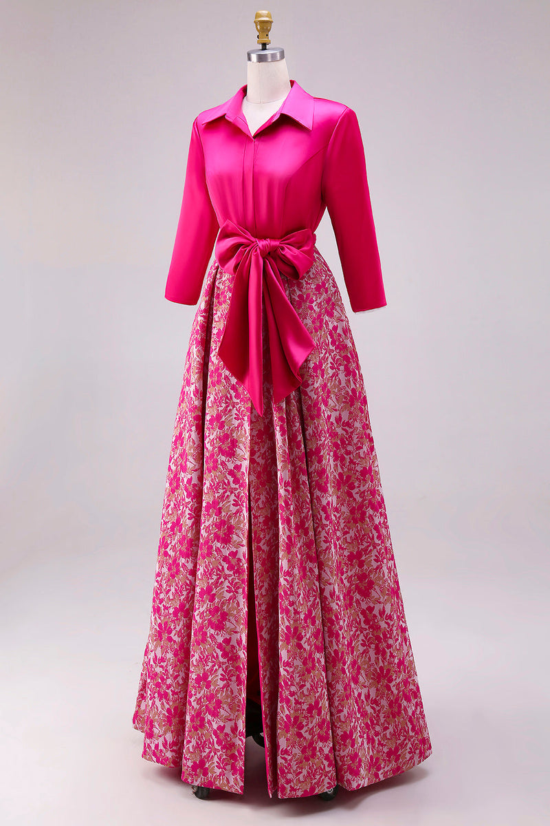 Laden Sie das Bild in den Galerie-Viewer, Fuchsia Blumen A-Linie Satin Langes Mutter der Braut Kleid mit Schleife