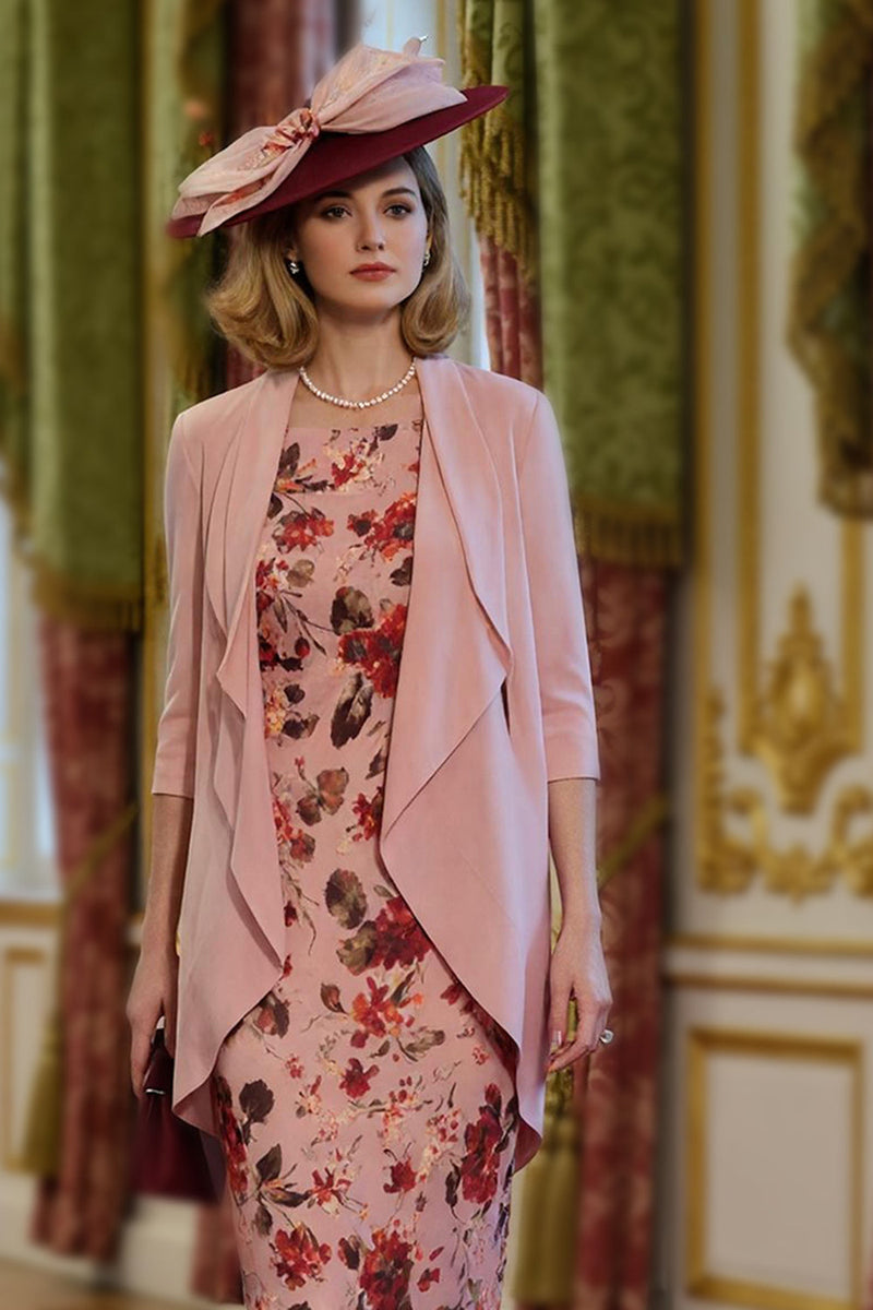 Laden Sie das Bild in den Galerie-Viewer, Dusty Rose Blumen Bedrucktes Etui 2-teiliges Midikleid für die Brautmutter mit Jacke