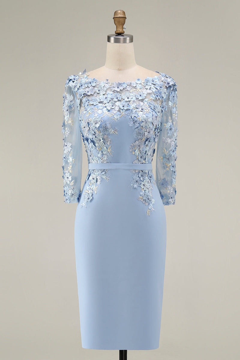 Laden Sie das Bild in den Galerie-Viewer, Hellblaues Bateau-Ausschnitt Bodycon Midi Mutter-der-Braut-Kleid mit 3/4-Ärmeln