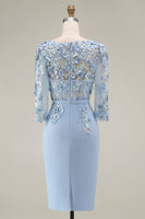 Laden Sie das Bild in den Galerie-Viewer, Hellblaues Bateau-Ausschnitt Bodycon Midi Mutter-der-Braut-Kleid mit 3/4-Ärmeln