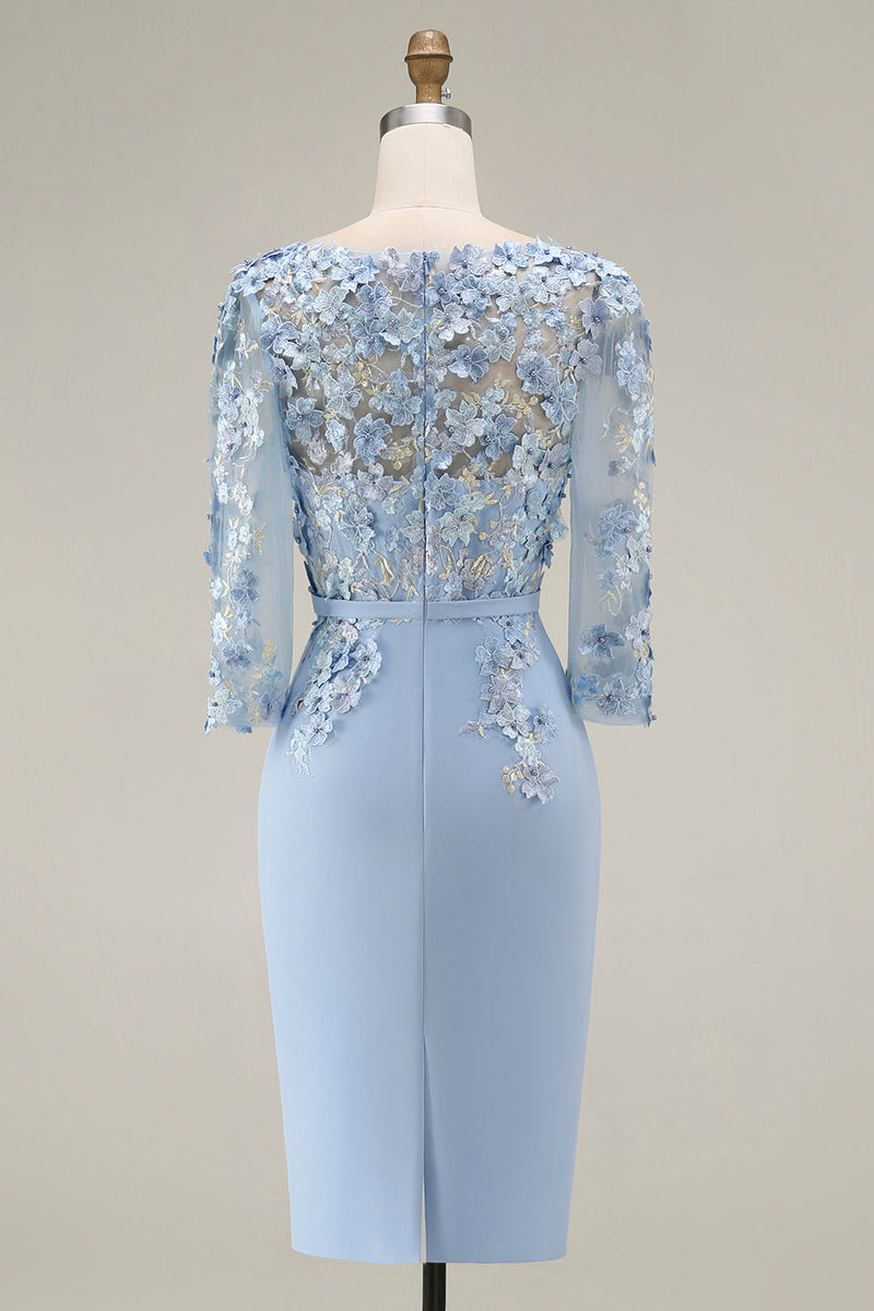 Laden Sie das Bild in den Galerie-Viewer, Hellblaues Bateau-Ausschnitt Bodycon Midi Mutter-der-Braut-Kleid mit 3/4-Ärmeln