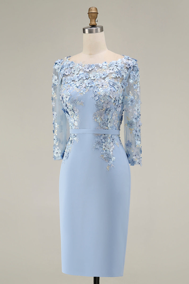 Laden Sie das Bild in den Galerie-Viewer, Hellblaues Bateau-Ausschnitt Bodycon Midi Mutter-der-Braut-Kleid mit 3/4-Ärmeln