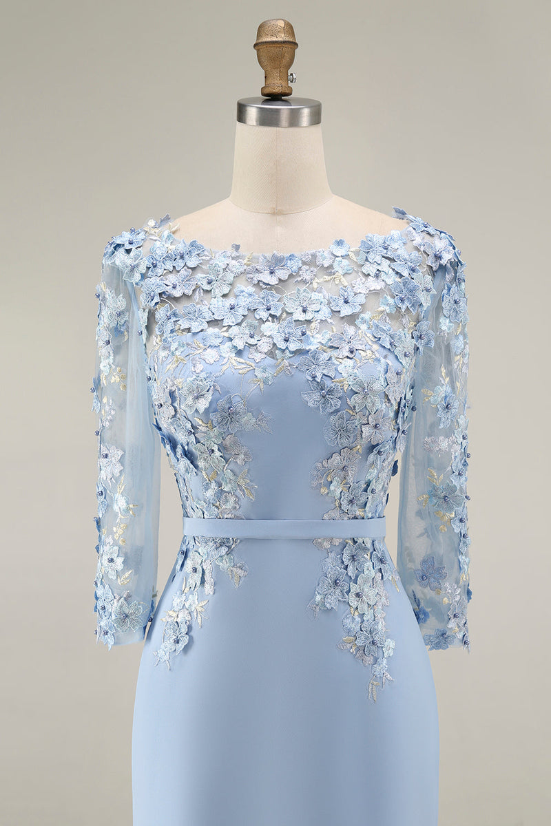 Laden Sie das Bild in den Galerie-Viewer, Hellblaues Bateau-Ausschnitt Bodycon Midi Mutter-der-Braut-Kleid mit 3/4-Ärmeln