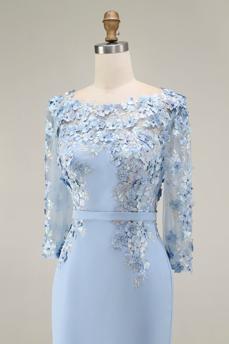 Laden Sie das Bild in den Galerie-Viewer, Hellblaues Bateau-Ausschnitt Bodycon Midi Mutter-der-Braut-Kleid mit 3/4-Ärmeln