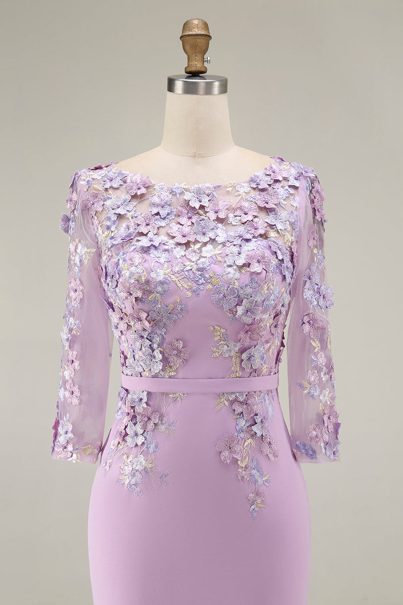 Laden Sie das Bild in den Galerie-Viewer, Hellblaues Bateau-Ausschnitt Bodycon Midi Mutter-der-Braut-Kleid mit 3/4-Ärmeln