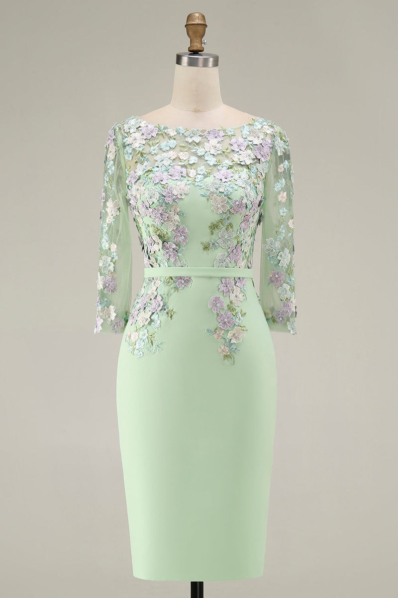 Laden Sie das Bild in den Galerie-Viewer, Hellblaues Bateau-Ausschnitt Bodycon Midi Mutter-der-Braut-Kleid mit 3/4-Ärmeln