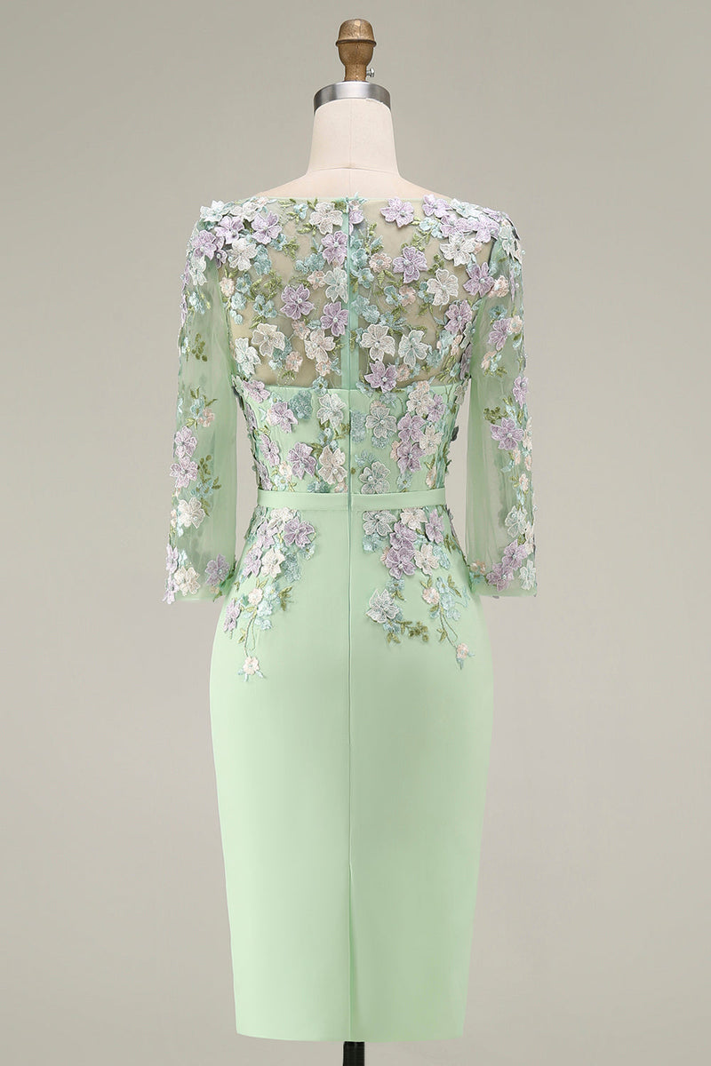 Laden Sie das Bild in den Galerie-Viewer, Hellblaues Bateau-Ausschnitt Bodycon Midi Mutter-der-Braut-Kleid mit 3/4-Ärmeln