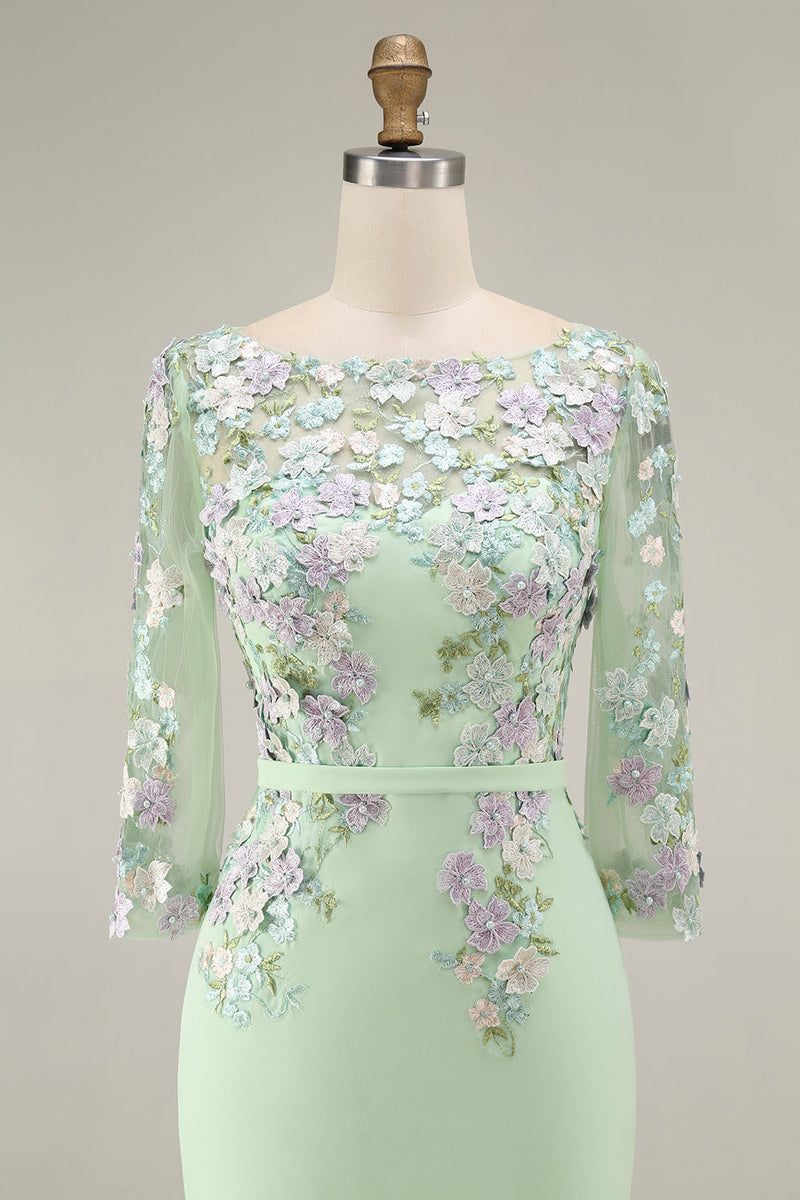 Laden Sie das Bild in den Galerie-Viewer, Hellblaues Bateau-Ausschnitt Bodycon Midi Mutter-der-Braut-Kleid mit 3/4-Ärmeln