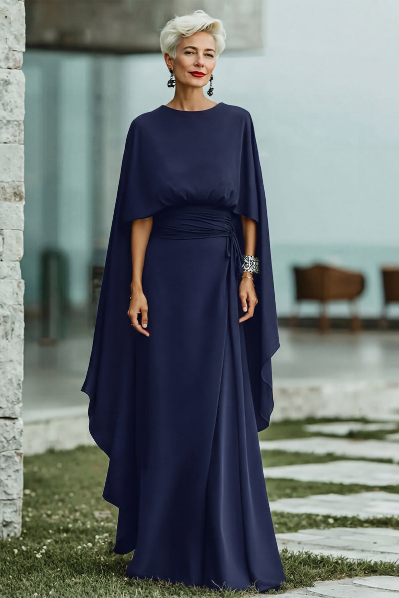 Laden Sie das Bild in den Galerie-Viewer, Schwarzes A-Linie Rundhals Langes Mutter der Braut kleid