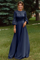 Laden Sie das Bild in den Galerie-Viewer, Dusty Rose A-Linie Spitze Langes Brautmutter Kleid mit 3/4 Ärmeln