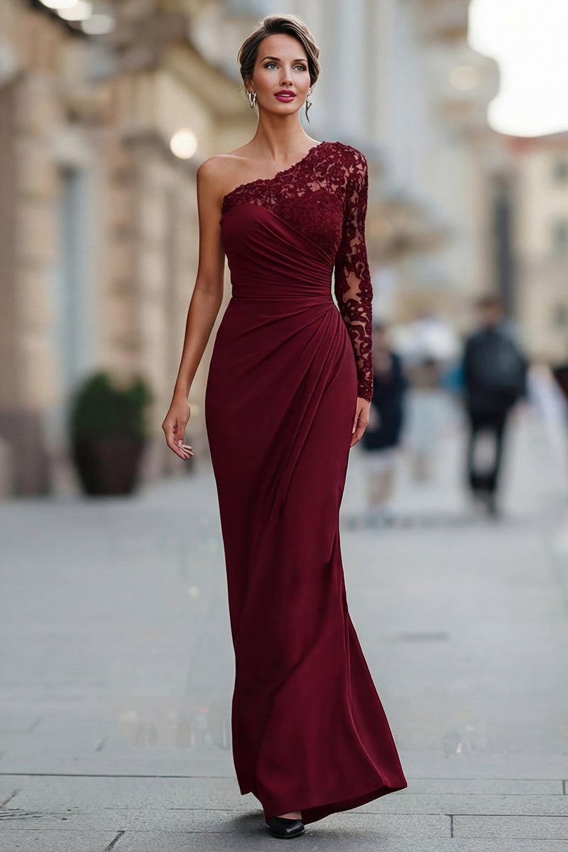 Laden Sie das Bild in den Galerie-Viewer, Schwarzes Einschulteriges Meerjungfrauen Langes Brautmutterkleid mit Spitze